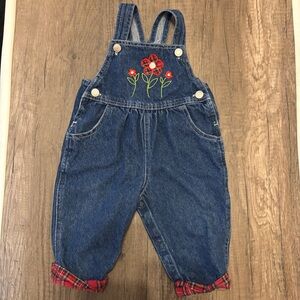 Vintage 2000s Y2K Gingham Red Floral Baby Overalls Vestbak Denim 6-9M